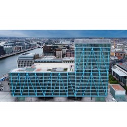 Bespoke benches, Eire bins, two tier bike racks, shelters, bollards, and bike stairs canopy supplied by Larkin Engineering at Exo Building Dublin